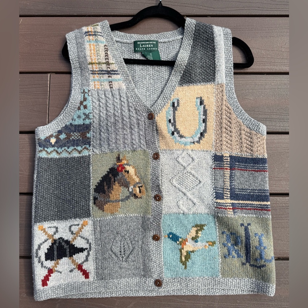 Vintage Ralph Lauren Equestrian Patchwork Knit Vest 100% Wool